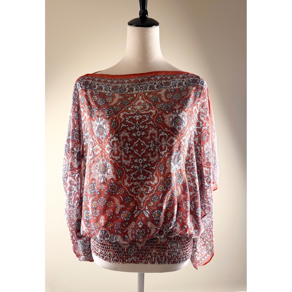 Max Studio Womens Boho Medallion Print Smocked Waist Blouse Terracotta Medium